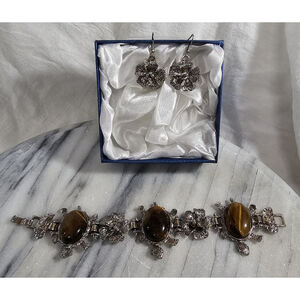 TIGER'S EYE Sea Turtle Floral Link Bracelet Matching Earrings Boxed Set Gift